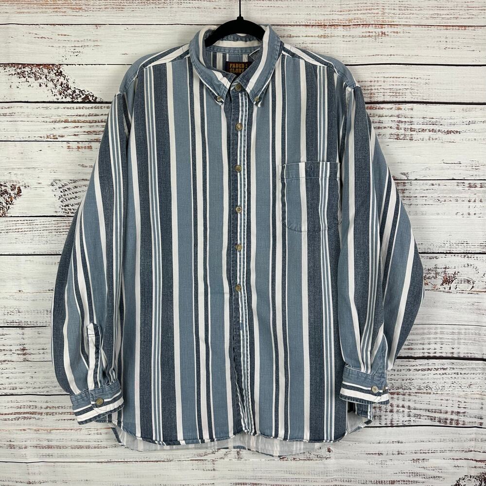 Mens VTG 90s Faded Glory Blue White Stripe Denim Button Up Shirt Cotton Thick XL